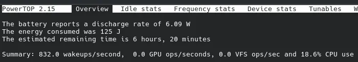 Powertop screenshot with 6+ hours of remaining battery